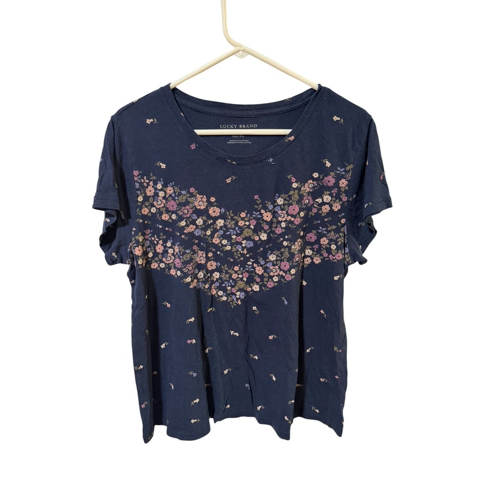 Lucky Brand Size 1X Navy Blue Floral Print Short Sleeve Crew Neck Tee